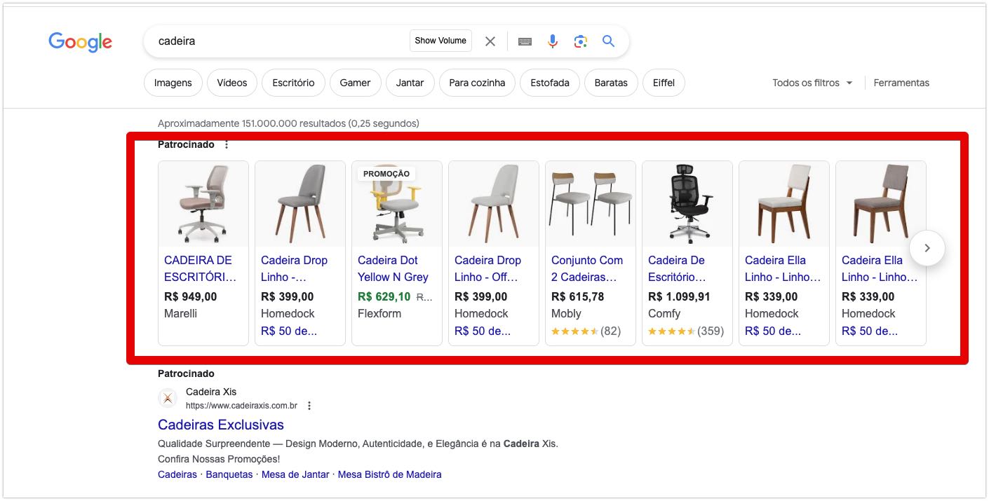 Imagem de uma pesquisa do Google sobre cadeiras com a exibição de resultados patrocinados