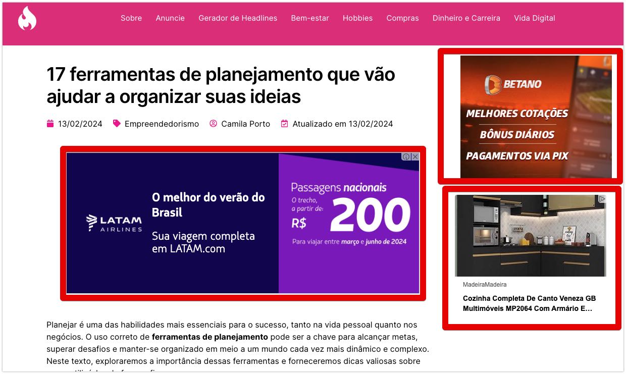 Imagem de uma captura de tela do site Pink Fire exibindo anúncios do Google