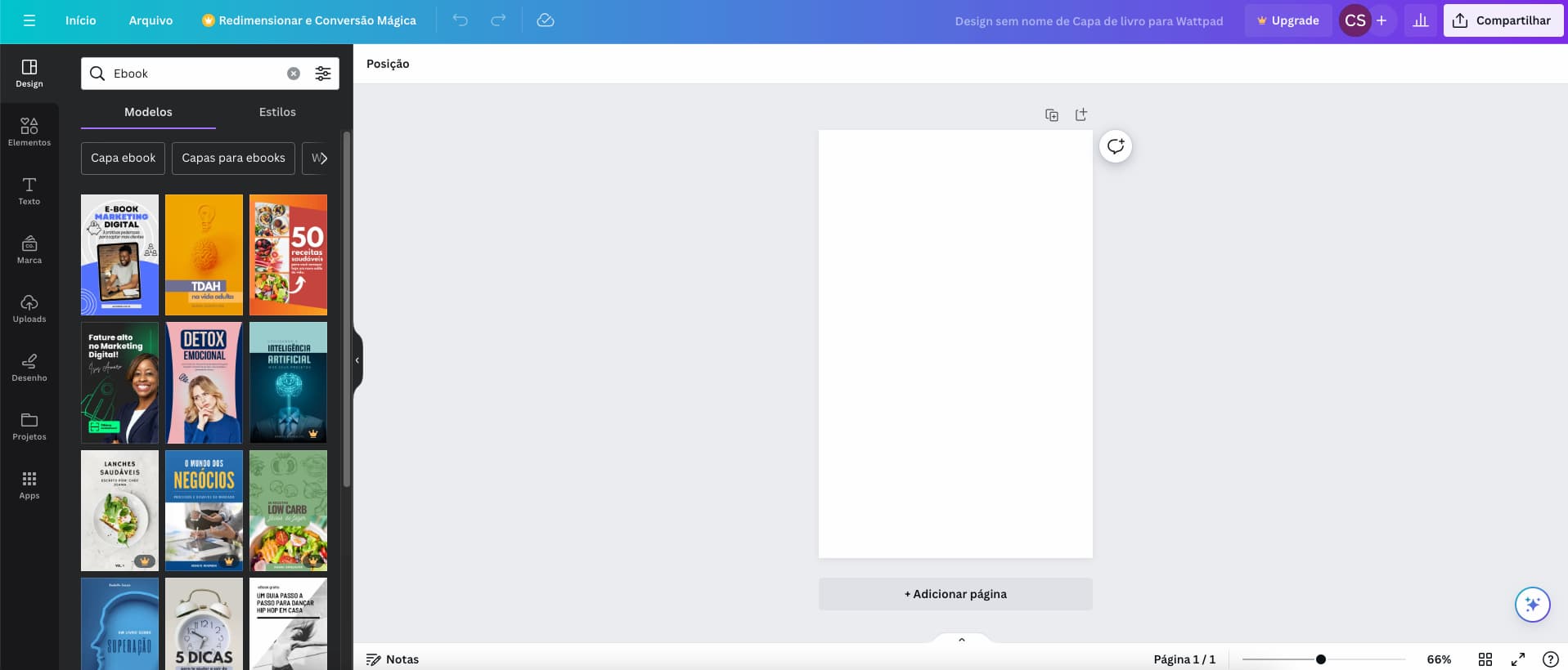 tela de criação de um ebook no canva