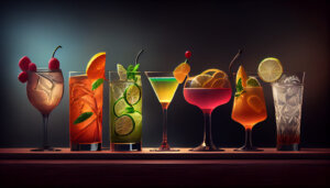 bebidas fáceis: copos e taças sobre uma mesa cada uma com drinks bem coloridos com frutas com uma lampada iluminando eles pelo fundo