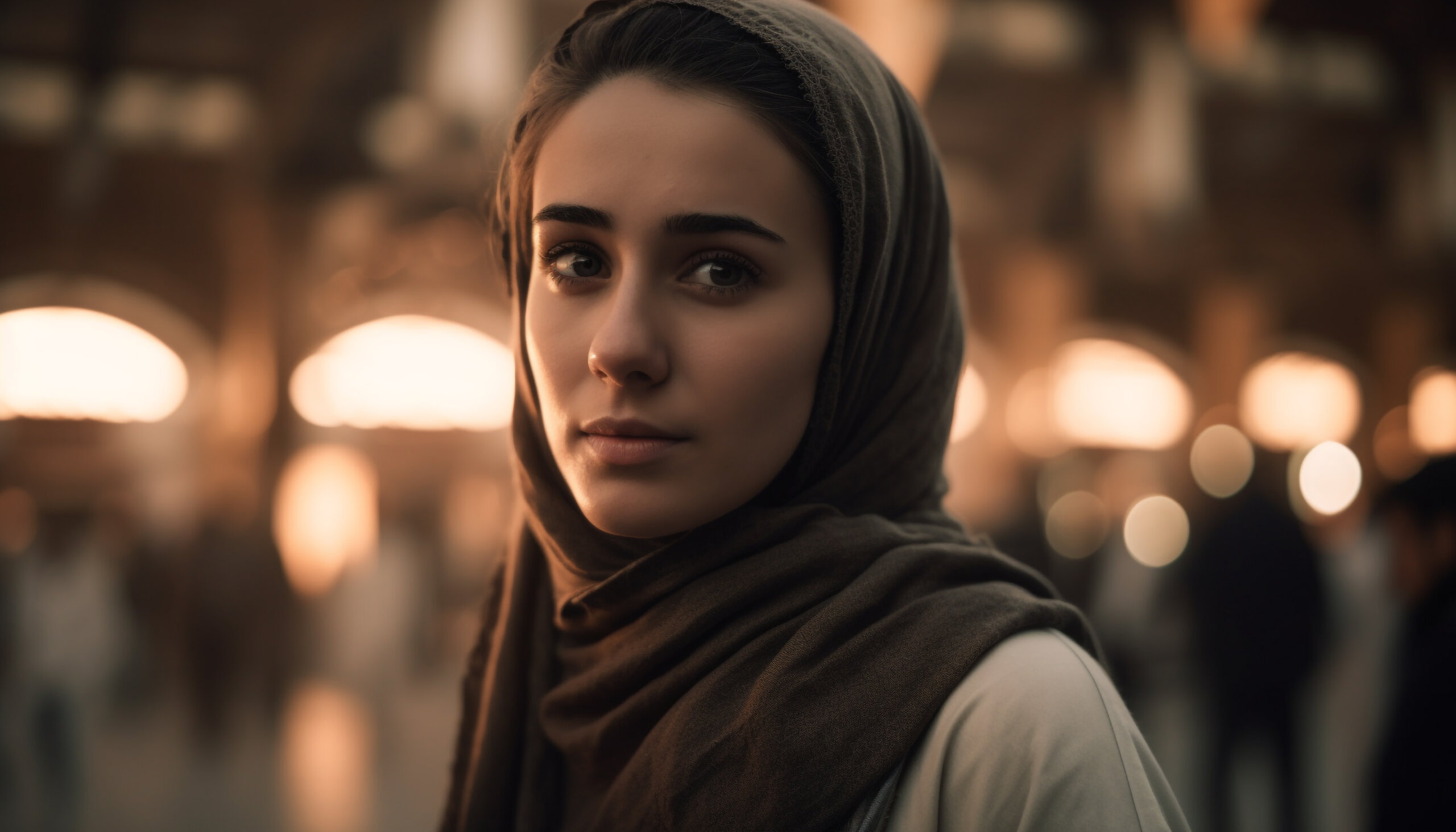 mulher arabe com uma busrca marrom seu rosto está exposto com espressão neutra ao fundo luzes 