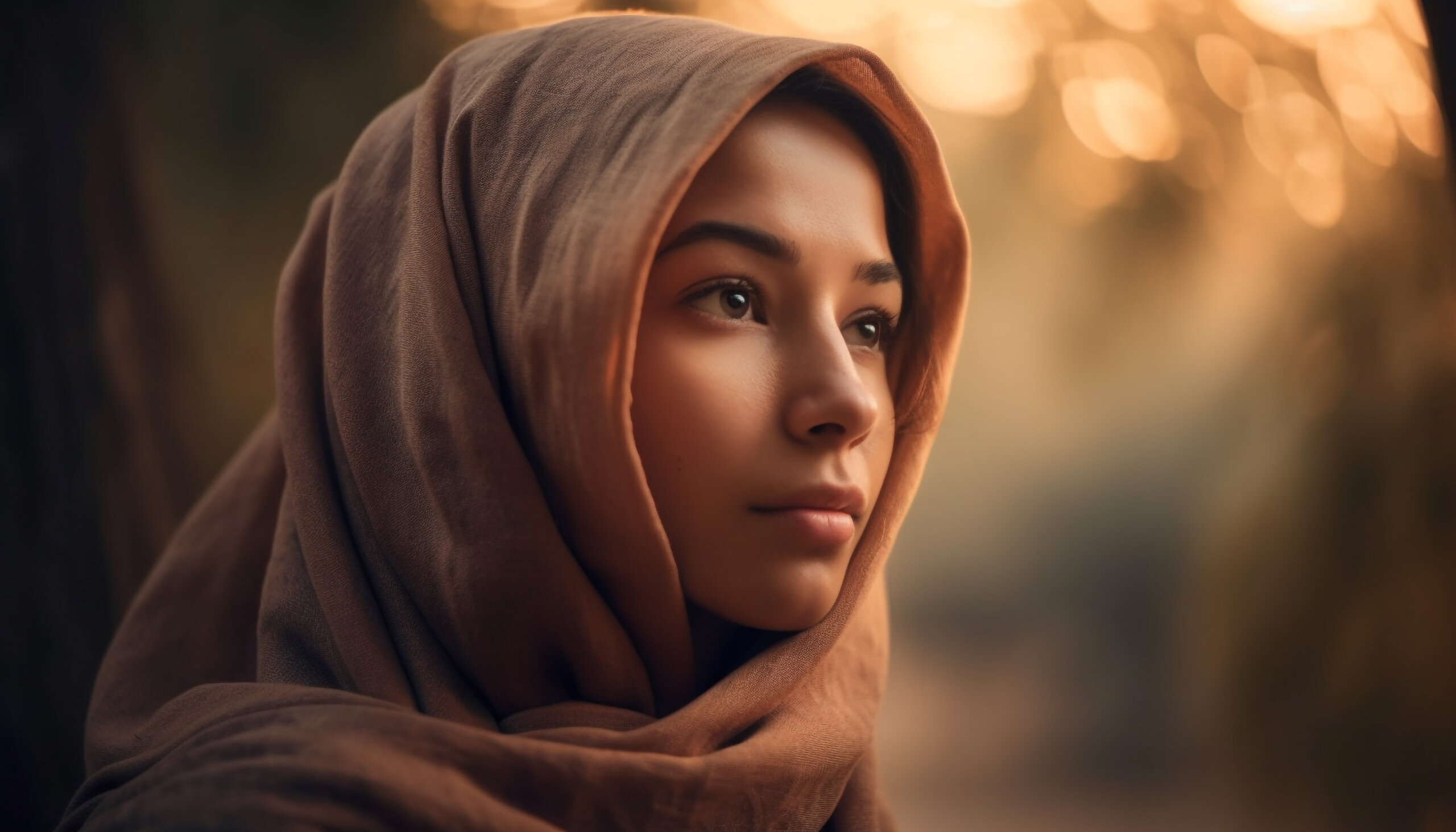 mulher arabe com uma busrca marrom seu rosto está exposto com espressão neutra ao fundo luzes do entardacer 
