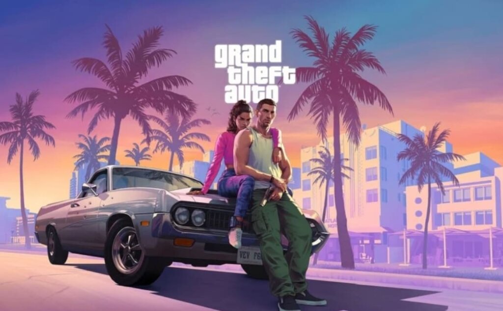 Personagens do jogo GTA6 sentados em um carro