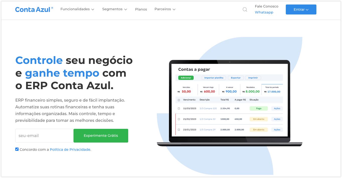 Imagem da página inicial da ContaAzul, que é uma empresa de contabilidade online. 