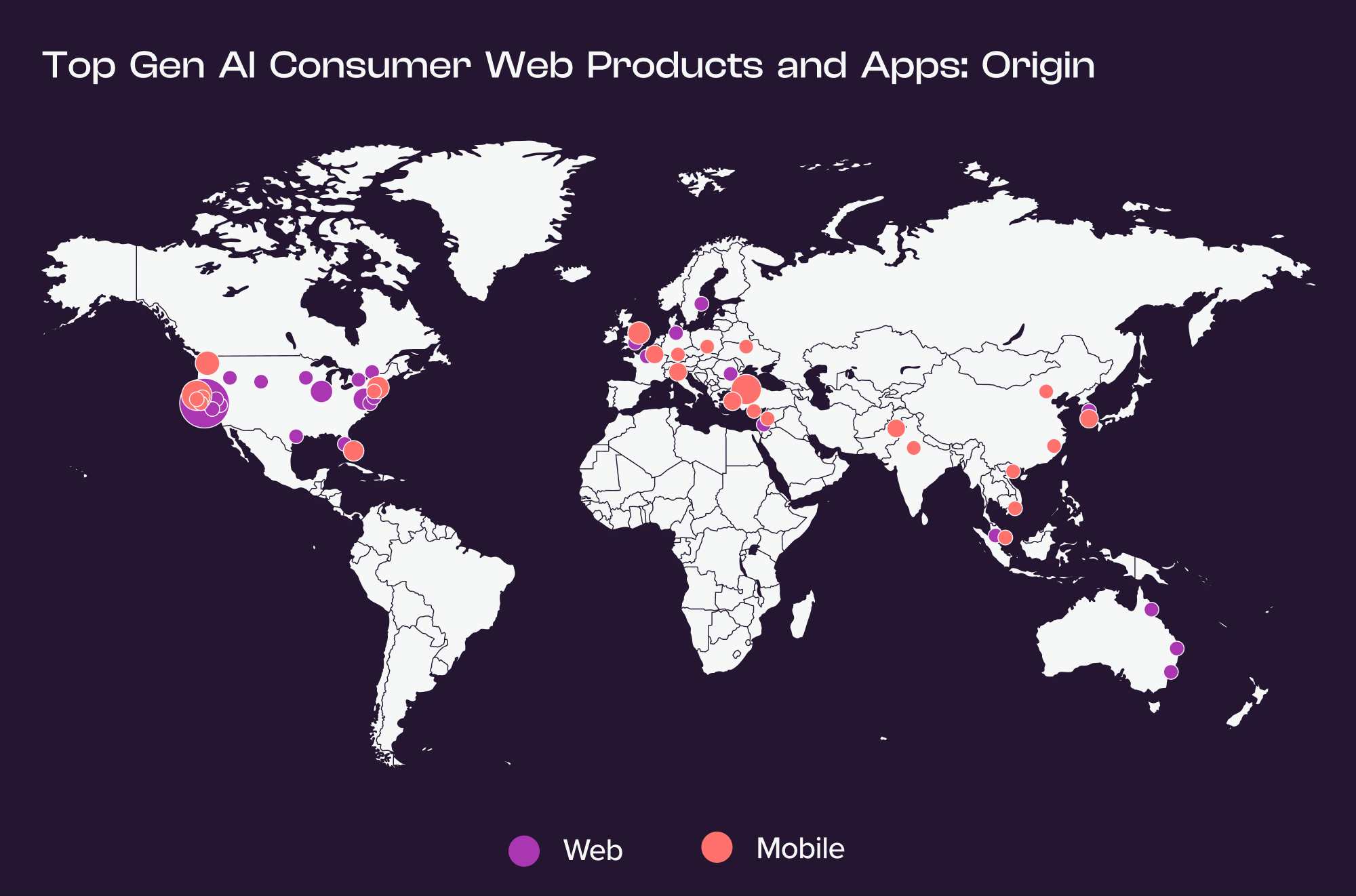 Mapa dos principais países criadores dos mais populares aplicativos de inteligência artificial.