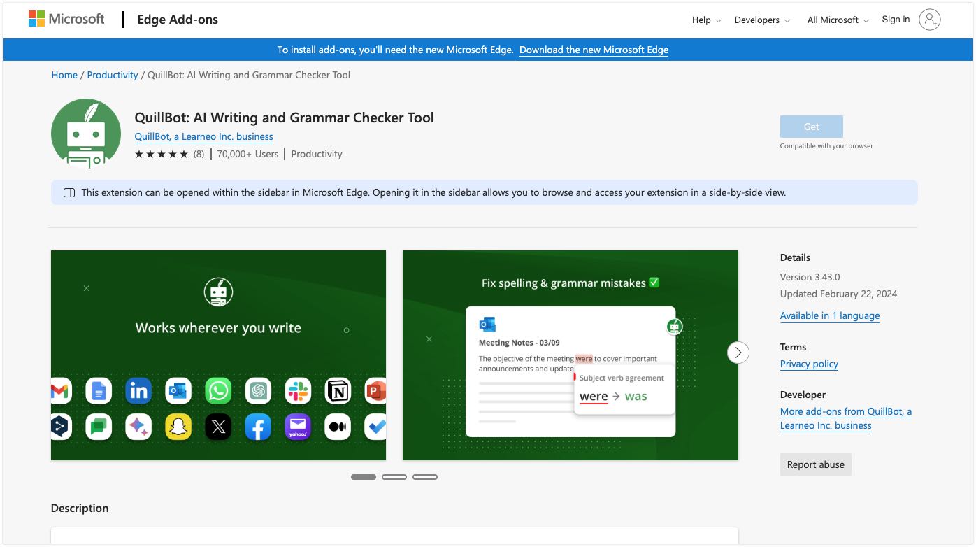 Use o QuillBot no navegador Microsoft Edge